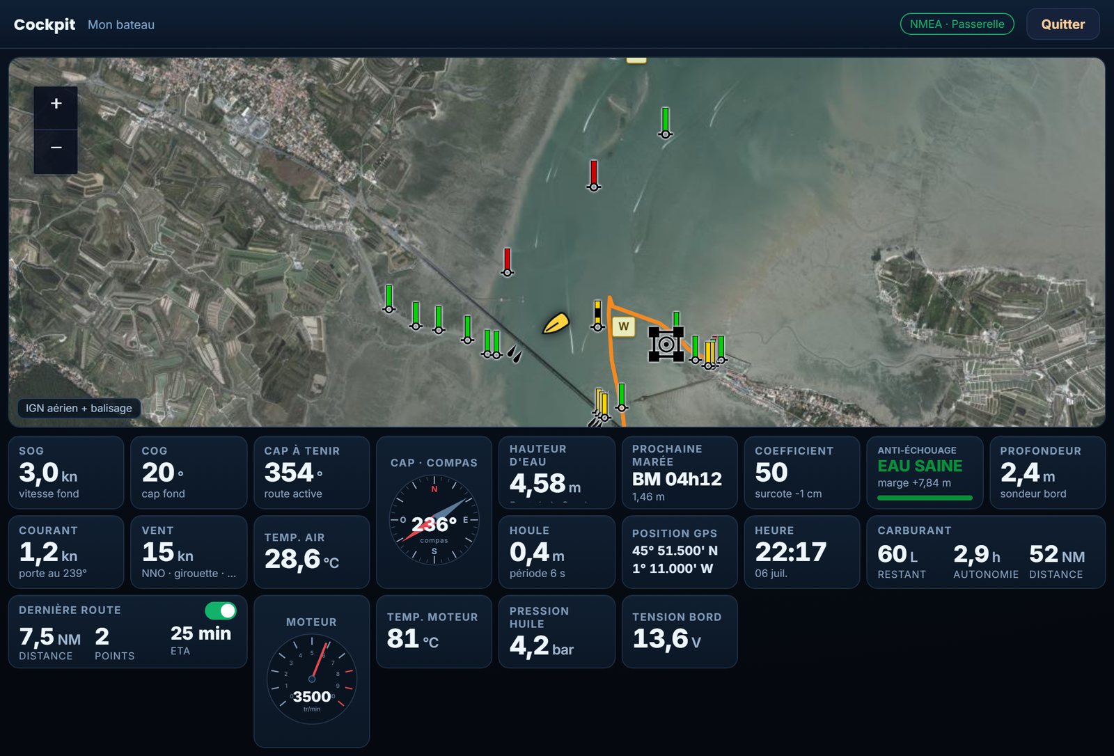 Mode Cockpit Naviflot — tableau de bord de navigation : carte IGN aérienne, balisage, route, instruments